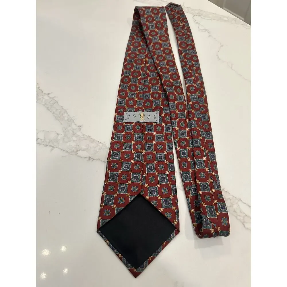 Vtg ROBERT Stock Men's Red Blue Geometric Silk Tie 3.75” Necktie‎ USA